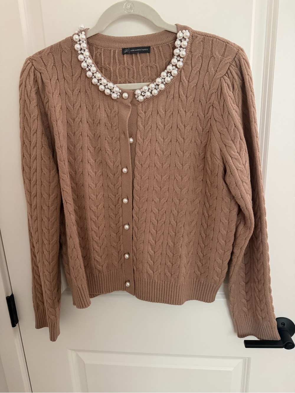 Adrianna Papell Taupe Cable Knit Cardigan with Pearl Trim